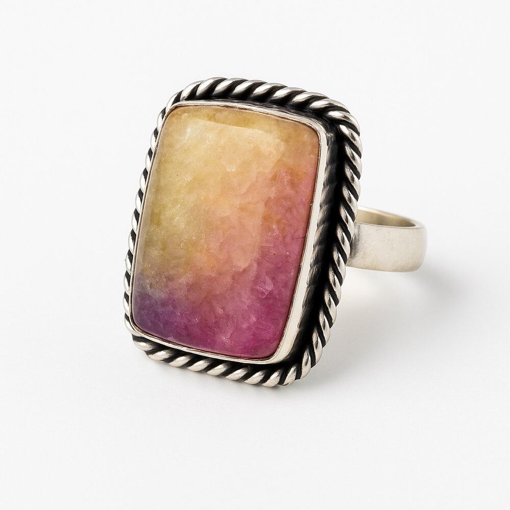 Hand crafted Ring Rainbow solar quartz  925  silver overlay‎  adjustable  5-7.5